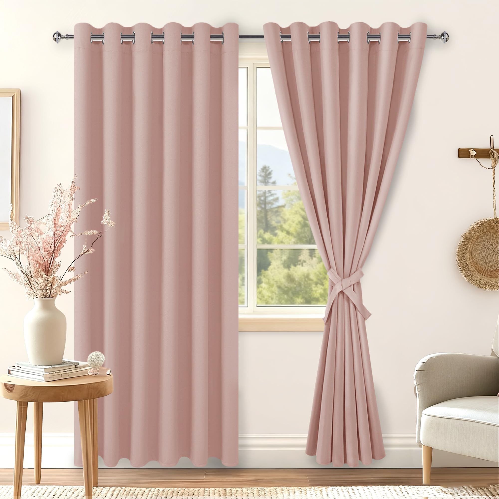 Hiasan Room Darkening Curtains for Bedroom, 70 x 84 Inches - Blackout Thermal Insulated Window Drapes for Living Room/Dorm Room, Set of 2 Panels Sewn with Tiebacks, Blush Image