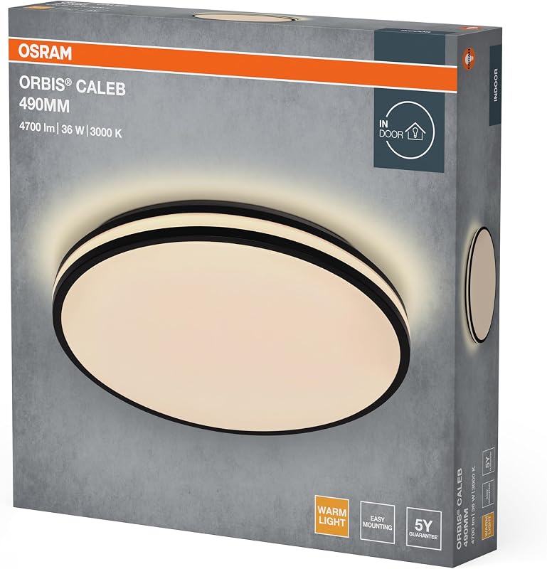 ORBIS Caleb LED 490mm para teto de teto, 36W, 3000K branco quente, Preto, Metal com anel de plástico, IP20