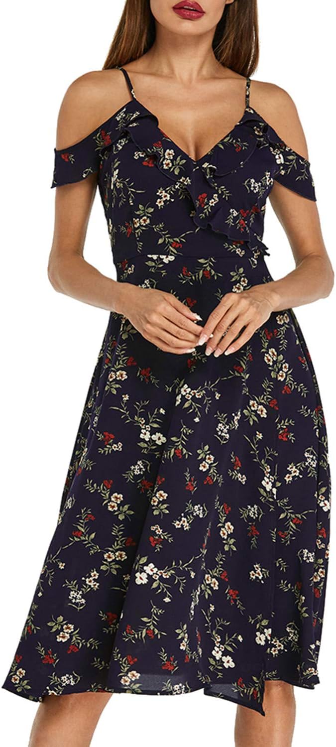 Women's Off Shoulder Floral Printed Dresses V Neck Summer Sexy Beach Dress Casual Midi Sundress