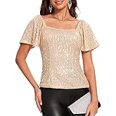 DRESSTELLS Women's Sparkly Sequin Tops Short Sleeve Glitter Dressy Blouses Square Neck Club Ruffle Party Shirts