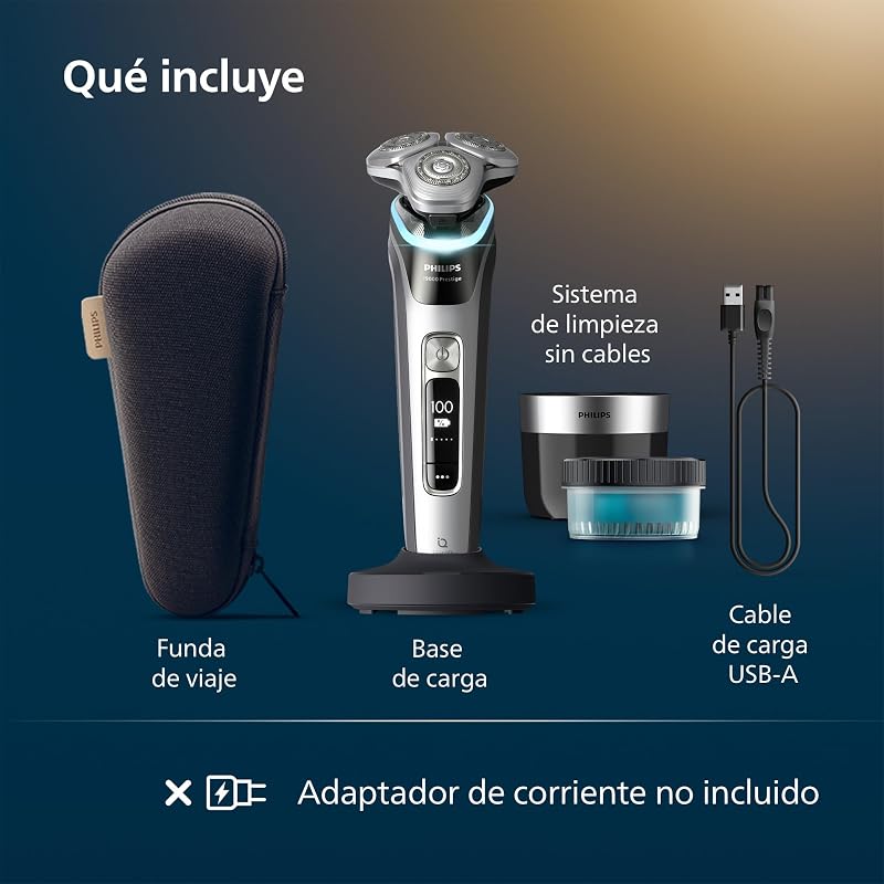 i9000 Prestige, Afeitadora Eléctrica Hombre, Máquina de Afeitar Barba en Seco y Húmedo, Tecnología SkinIQ, Base de Carga, Recargable, Estuche de Viaje, Centro de limpieza, XP9205/30