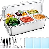 Tessco for you 16 Pcs Ice Food Spice Serving Display Countertop Chilled Condiment Container Set with Lid, Stainless Steel Salad Cold Caddy for Buffet Restaurant Kitchen Party(6 Compartments)