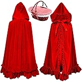 Suhine 1 Pcs Hooded Cloak Long Velvet Cape Red with 1 Picnic Basket for Halloween Women Riding Hood Cape Costume Dress up