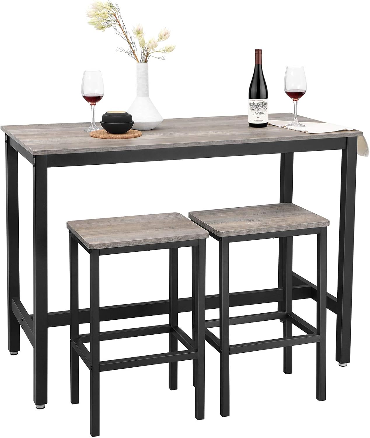 VASAGLE Bar Table Set, Bar Table with 2 Bar Stools, Breakfast Bar Table and Stool Set, Kitchen Counter with Bar Chairs, Industrial for Kitchen, Living Room, Party Room, Greige and Black ULBT015B02: Furniture & Decor