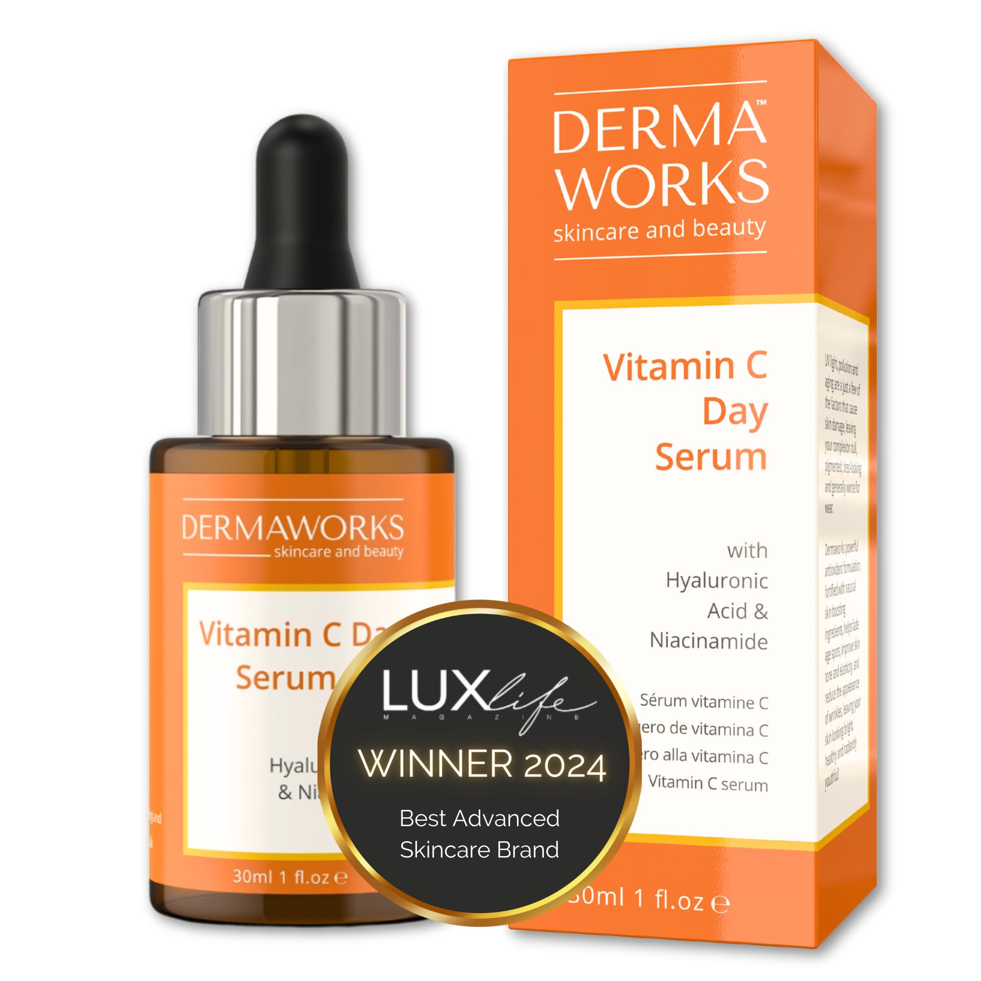 VITAMIN C SERUM FOR FACE with Niacinamide, Hyaluronic Acid & Beta Glucan – Dark Spot Correcting Glow Serum – Anti Aging Skin Brightening & Hydrating Face Care – Rosacea Treatment by DERMAWORKS