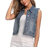 WUDODO Womens Denim Jean Vest Classic Cropped Distressed Spread Collar Sleeveless Jean Jacket