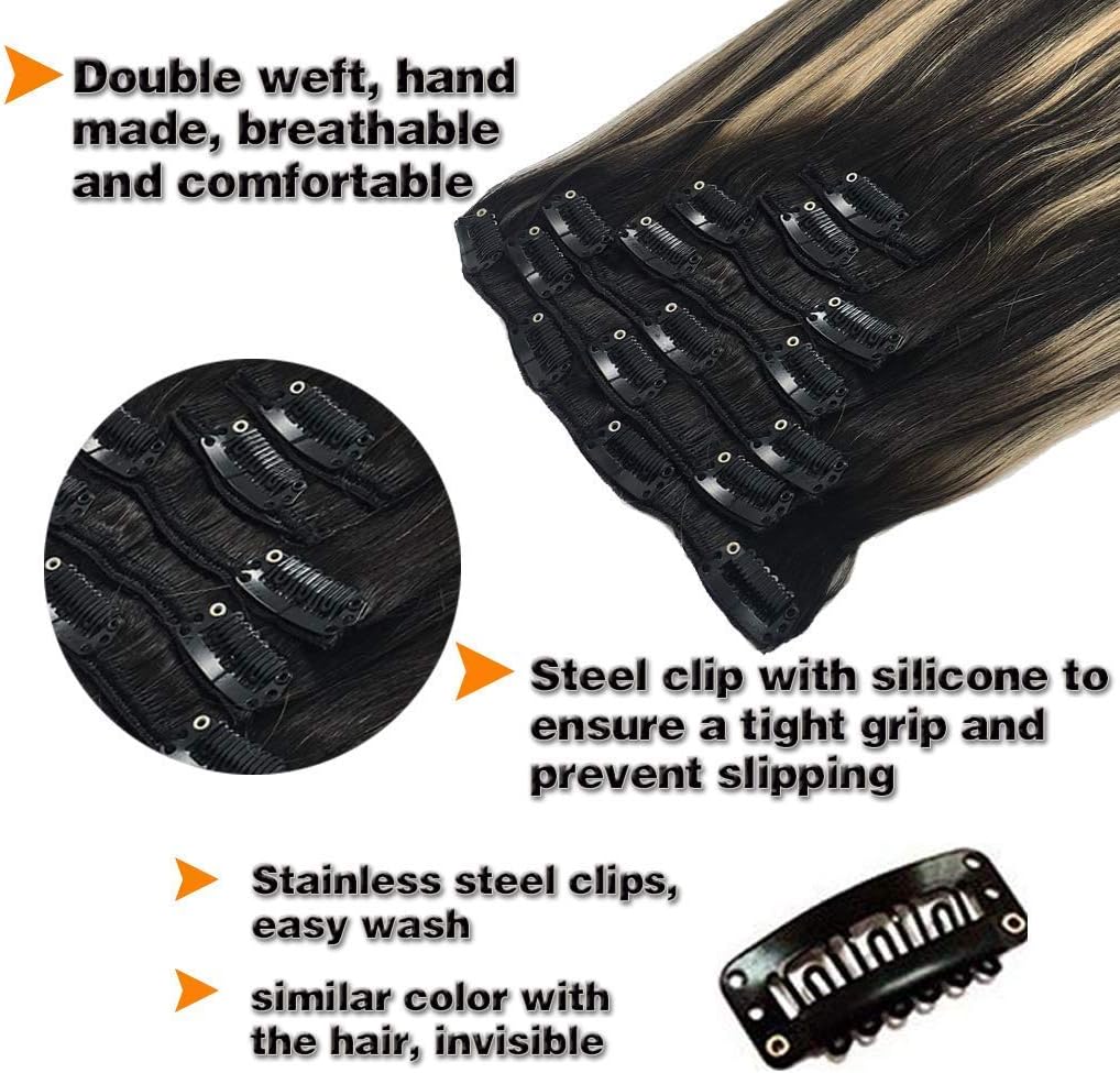 GOO GOO Clip in Human Hair Extensions, 24inch 120g 7pcs, Hair Extensions Clip in, 1B/19/1B Balayage Black to Light Blonde - Image 5