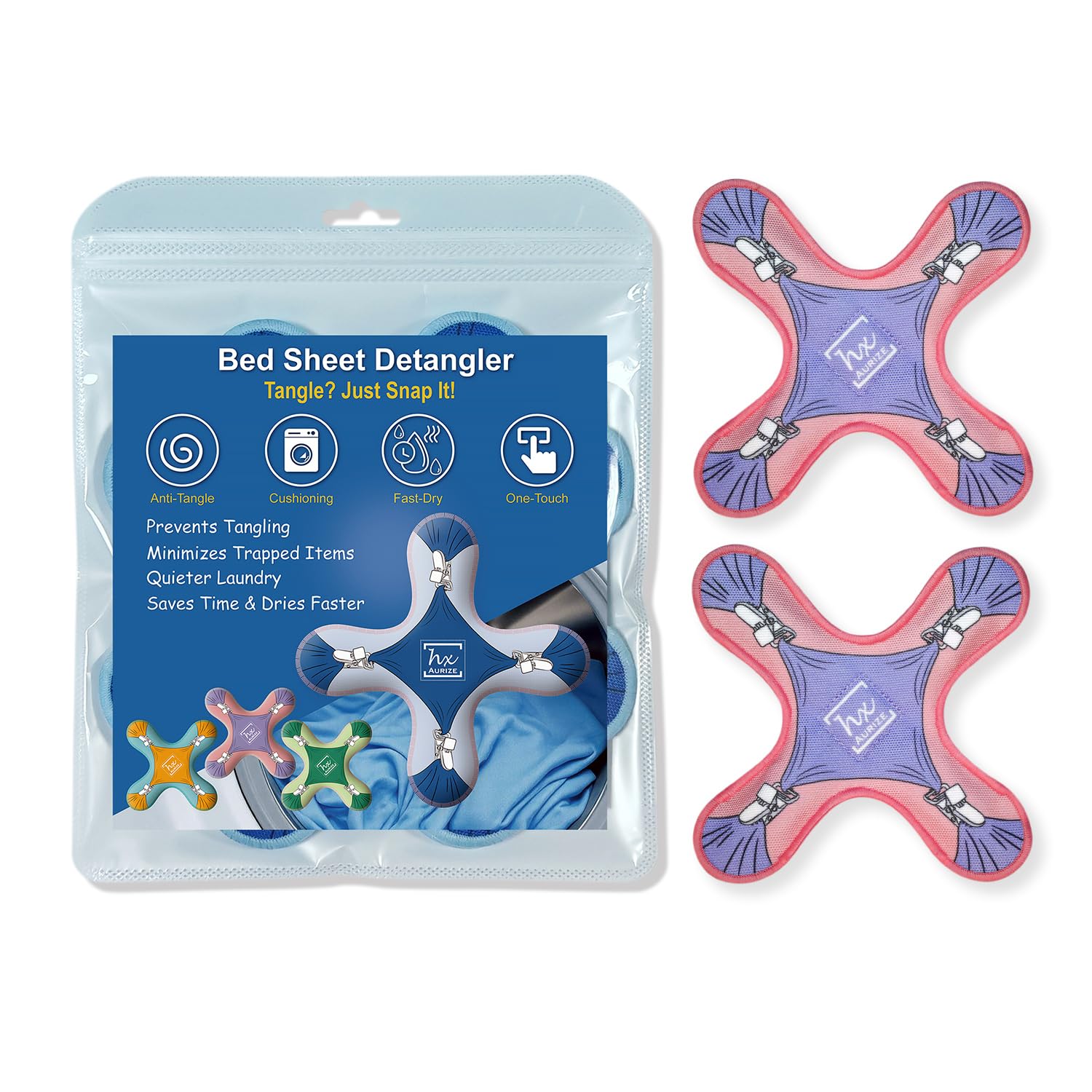 Photo 1 of HX AURIZE Bed Sheet Detangler - Reduces Tangles in Washer & Dryer, Set of 2 with Built-in Fabric Covers, Fits Most Sheets (Purple)