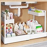 Expandable Under Sink Organizer with 3 Ball-Bearing Slide Rails, 2-Tier Pull-Out Under Cabinet Storage Shelf for Kitchen & Bathroom, Height-Adjustable Slide-Out Cabinet Drawer (White, 1-Pack)