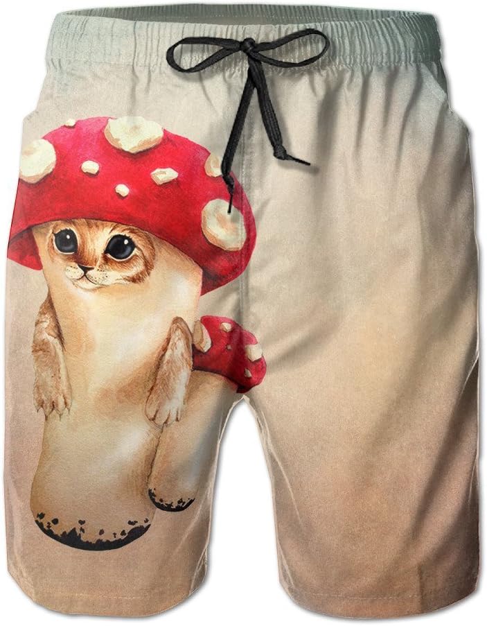 Men's Funny Mashroom Kitten Creative Cat Pattern Boardshort Beach Shorts Swimming Trunks