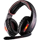 Sades SA902 7.1 Channel Virtual USB Surround Stereo Wired PC Gaming Headset Over Ear Headphones with Mic Revolution Volume Control Noise Canceling LED Light (Black/Red)