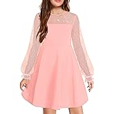 Arshiner Girl's Contrast Mesh Puff Long Sleeve High Waist A Line Short Dress with Pockets for 6-13 Years