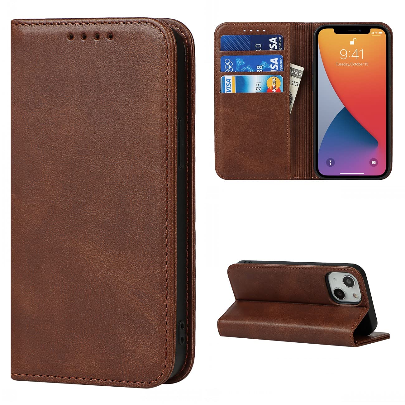 Copmob iPhone 13 Case, Flip Wallet Leather Case [3 Slots] [Magnetic Closure] Flip Case Cover for iPhone 13 – Dark Brown