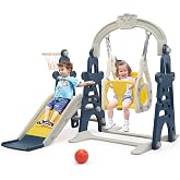 NYEEKOY 4-in-1 Toddler Slide &amp; Swing Set for Toddlers Age 1-3 | Freestanding Kids Slide with Climber, Swing, Basketball Hoop, Baby Slide Playground, Indoor Outdoor Toddler Playset (Blue)