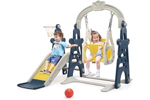 NYEEKOY 3-in-1 Kids Slide for Toddlers Age 1-3 Slide and Swing Set,Indoor Playground for Children,Freestanding Outdoor Slides with Basketball Hoop,Outside Climber Playhouses,Baby Climbing Toys Blue