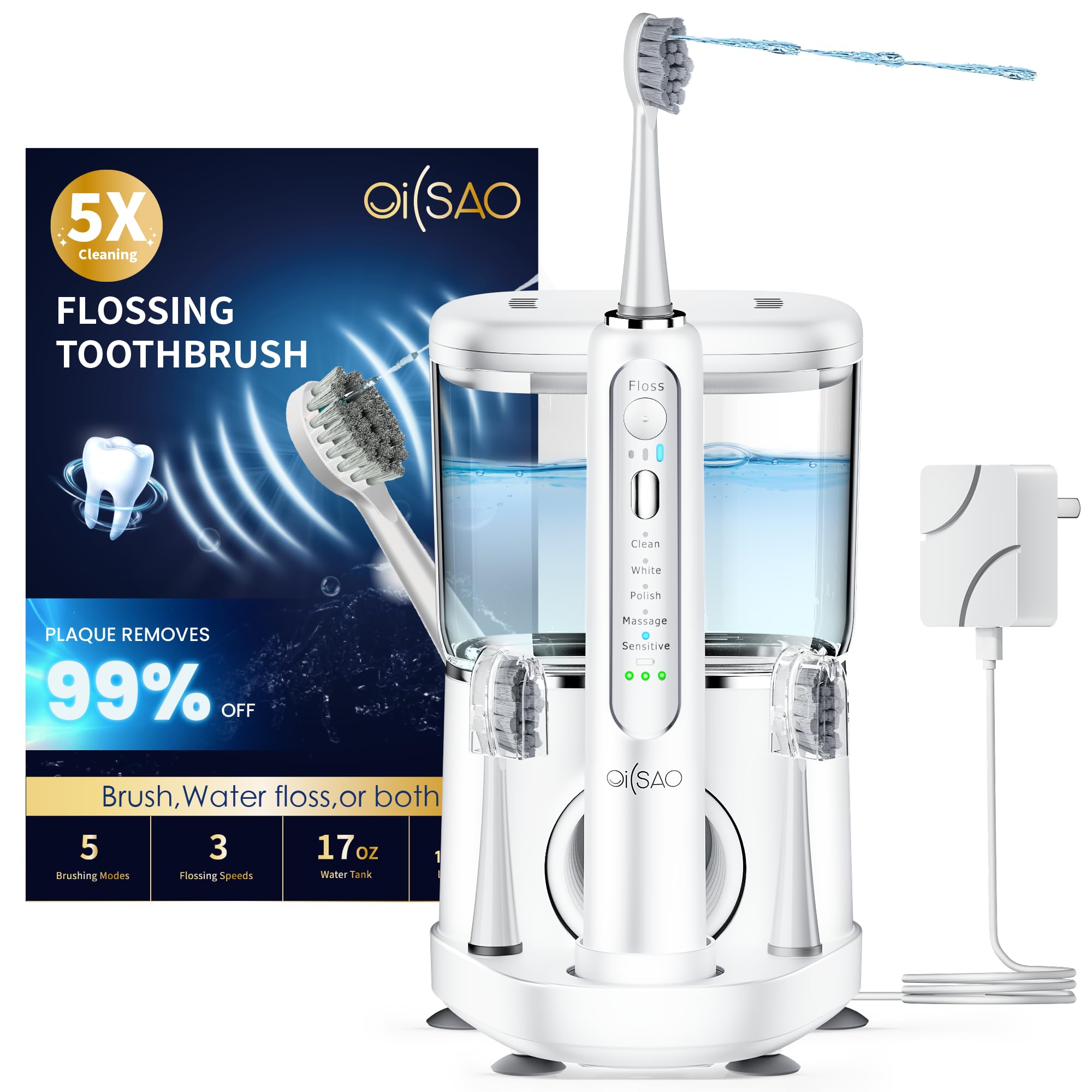 Photo 1 of OILSAO Electric Toothbrush with Water Flosser, Professional Sonic Flossing Toothbrush with 5 Brush Modes & 3 Floss Speeds, 500ML Electric Flosser Combo for Teeth Cleaning,White