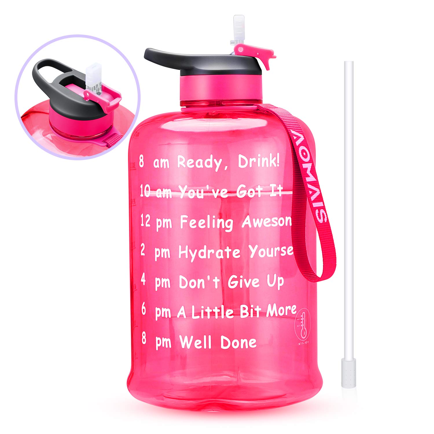 AOMAIS Motivational 1 Gallon Water Bottle with Time Marker & Straw, BPA Free Big Water Bottles,Wide Mouth, Leak Proof Lid with Spout, Reusable Plastic Large Water Jug for Sports Outdoor Activity