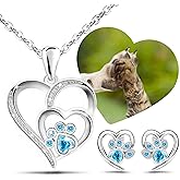 Paw Necklace Earrings Set for Girls Trendy - Sterling Silver Aquamarine Cubic Zirconia Dog Cat Pet Paw Print Love Heart Pendant Necklace Cute Animal Stud Earrings Charm Necklace Dainty Gifts for Women