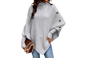 Womens Turtleneck Batwing Sleeve Sweater Poncho Knitted Oversized Dolman Tops Pullover Jumper with Decorative Buttons