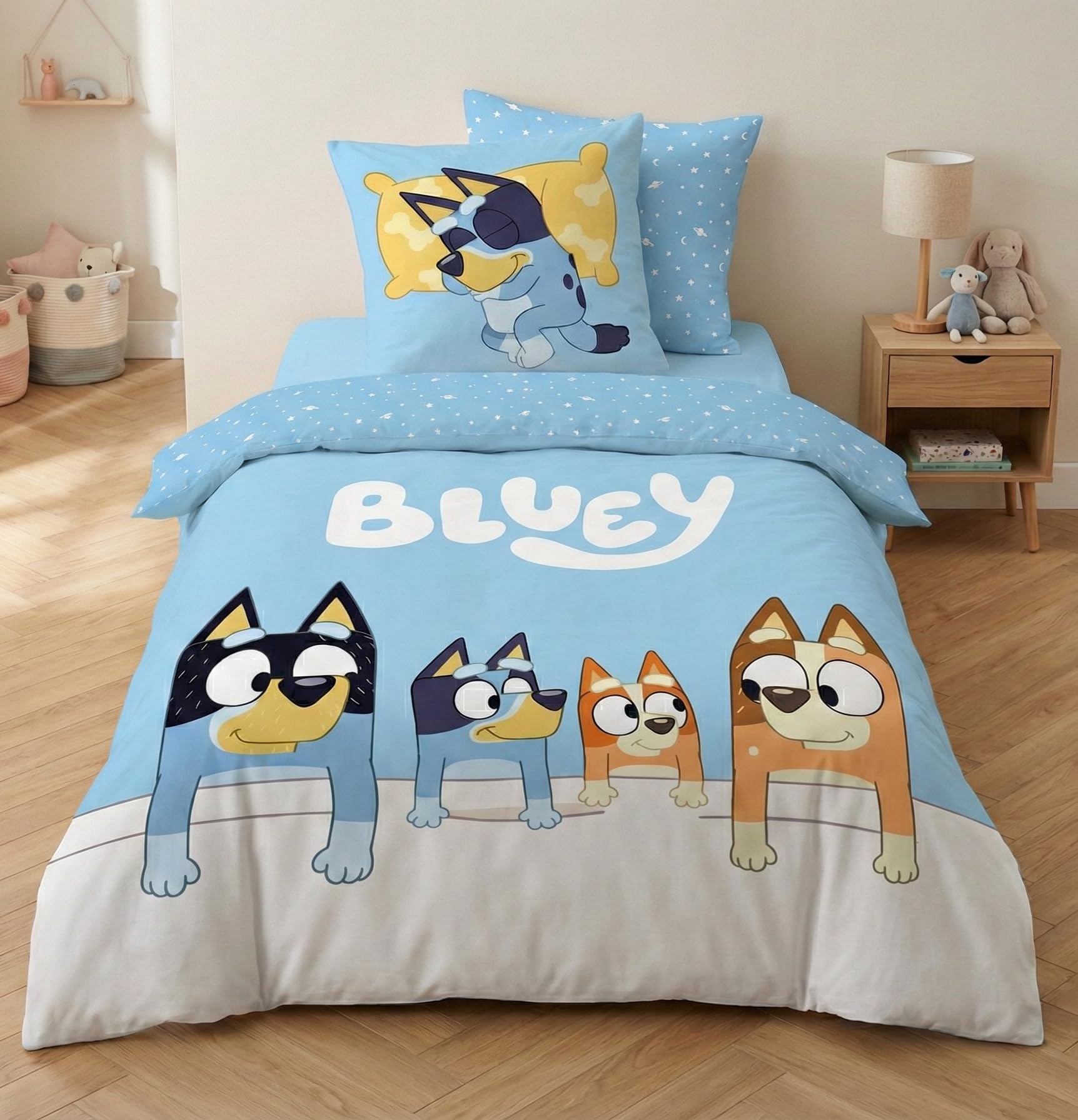 Aymax Bluey Family Reversible Bedding Set, Single Duvet Cover 140 x 200 cm + Pillowcase 65 x 65 cm, Polycotton