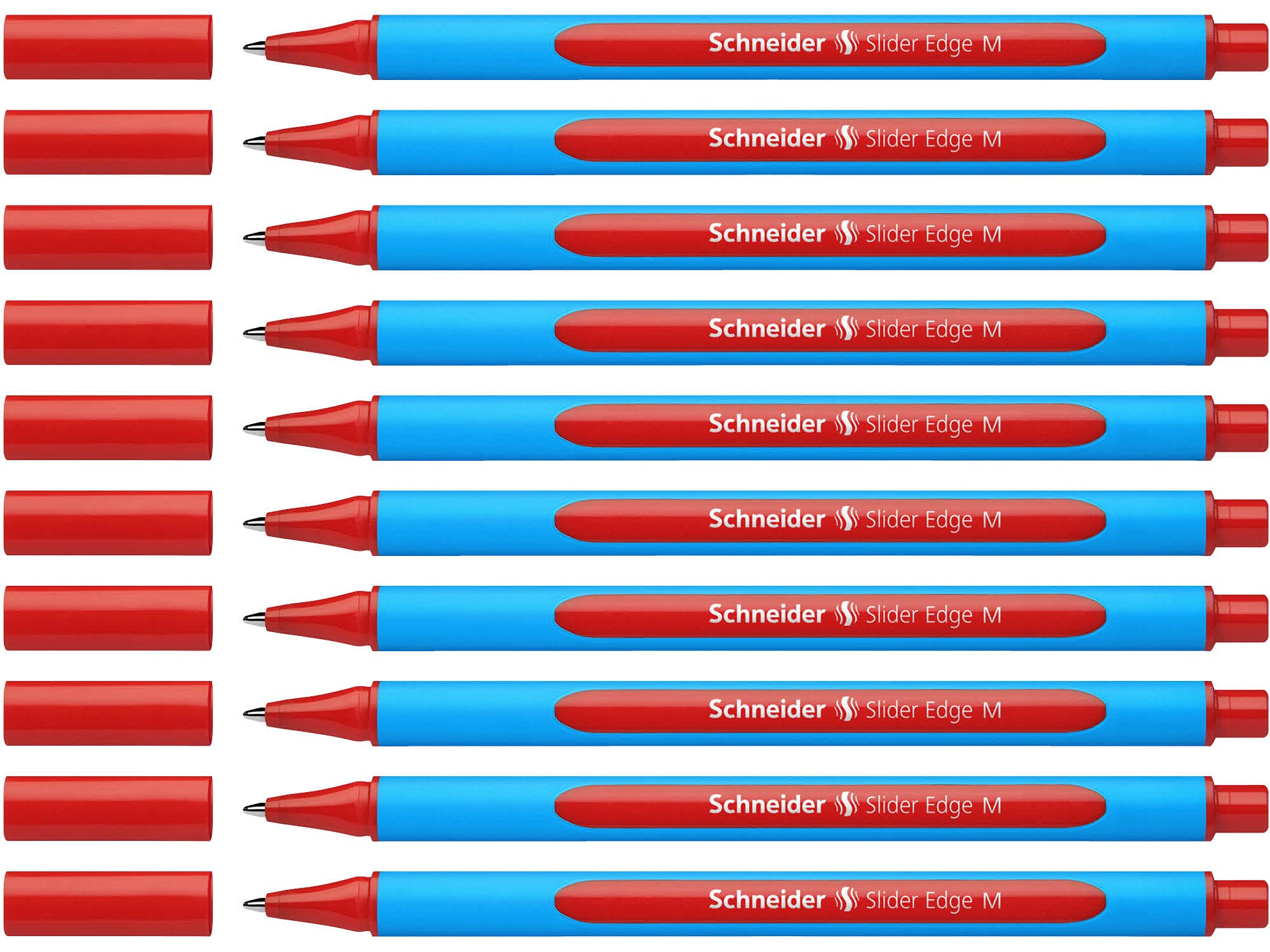 Schneider Slider Edge Ballpoint Pens with Cap Model M Pack of 10 / Cyan and Red Barrel / Red Ink