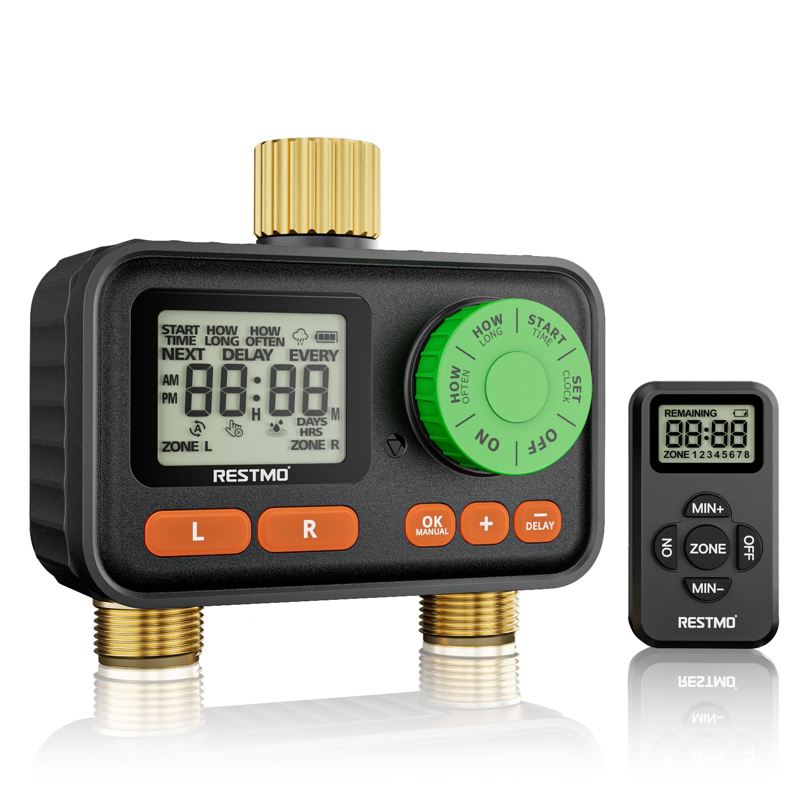 Photo 1 of RESTMO RF Remote Controlled Sprinkler Timer with Brass Inlet & Outlet, Water Timer for Garden Hose, Automatic/Manual/Rain Delay for Outdoor Faucet, Drip Irrigation and Lawn Watering, 2 Outlet