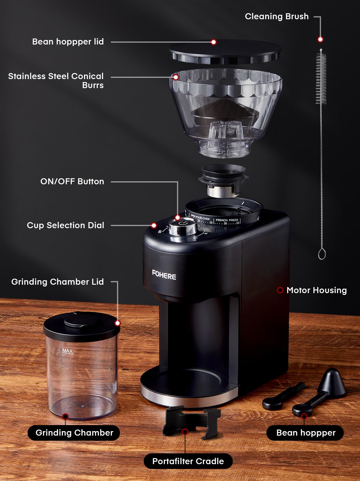 FOHERE Electric Burr Coffee Grinder, Adjustable Conical Burr Mill with 35 Precise Grind Setting, Anti-static, Cleaning Brush, for French Press, Drip Coffee, Espresso, Black