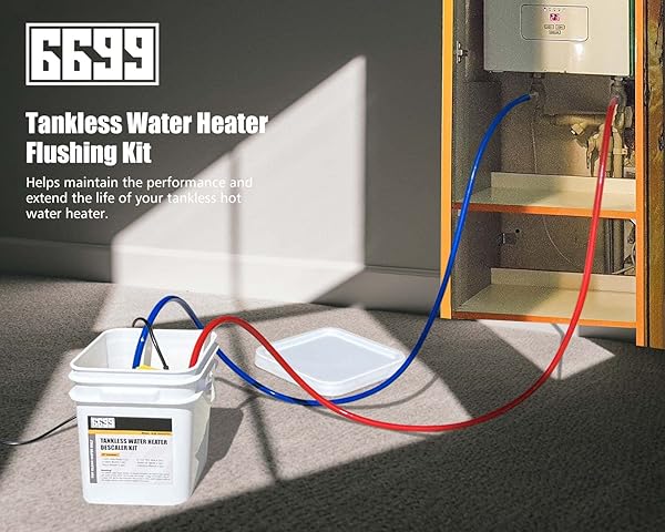 6699 TANKLESS WATER HEATER FLUSHING KIT INCLUDES 1/4HP SUBMERSIBLE SUMP PUMP WITH TWO ADAPTERS & 3 GALLONS PAIL WITH BUCKET LID OPENER & TWO 1/2” DIA X 6’ PVC HOSES WITH WASHERS