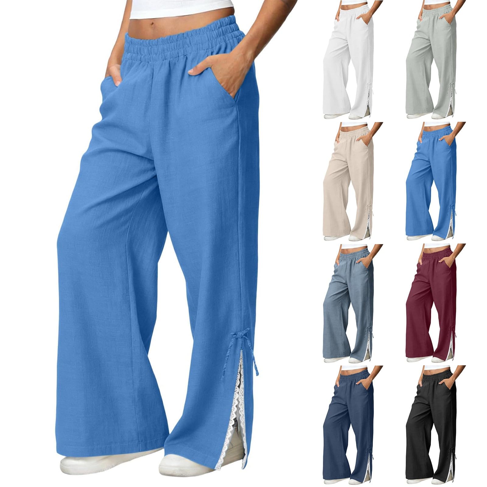 Womens Cotton Linen Palazzo Pants Casual Wide Leg Lace Side Slits Slacks Loose Gauze Beach Vacation Clothes Linen Outfits Women Sky Blue