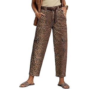 Flamingals High Waist Cropped Barrel Leg Pants for Women | Leopard Print Flap Pocket Stretch Trendy Casual Tapered Pants