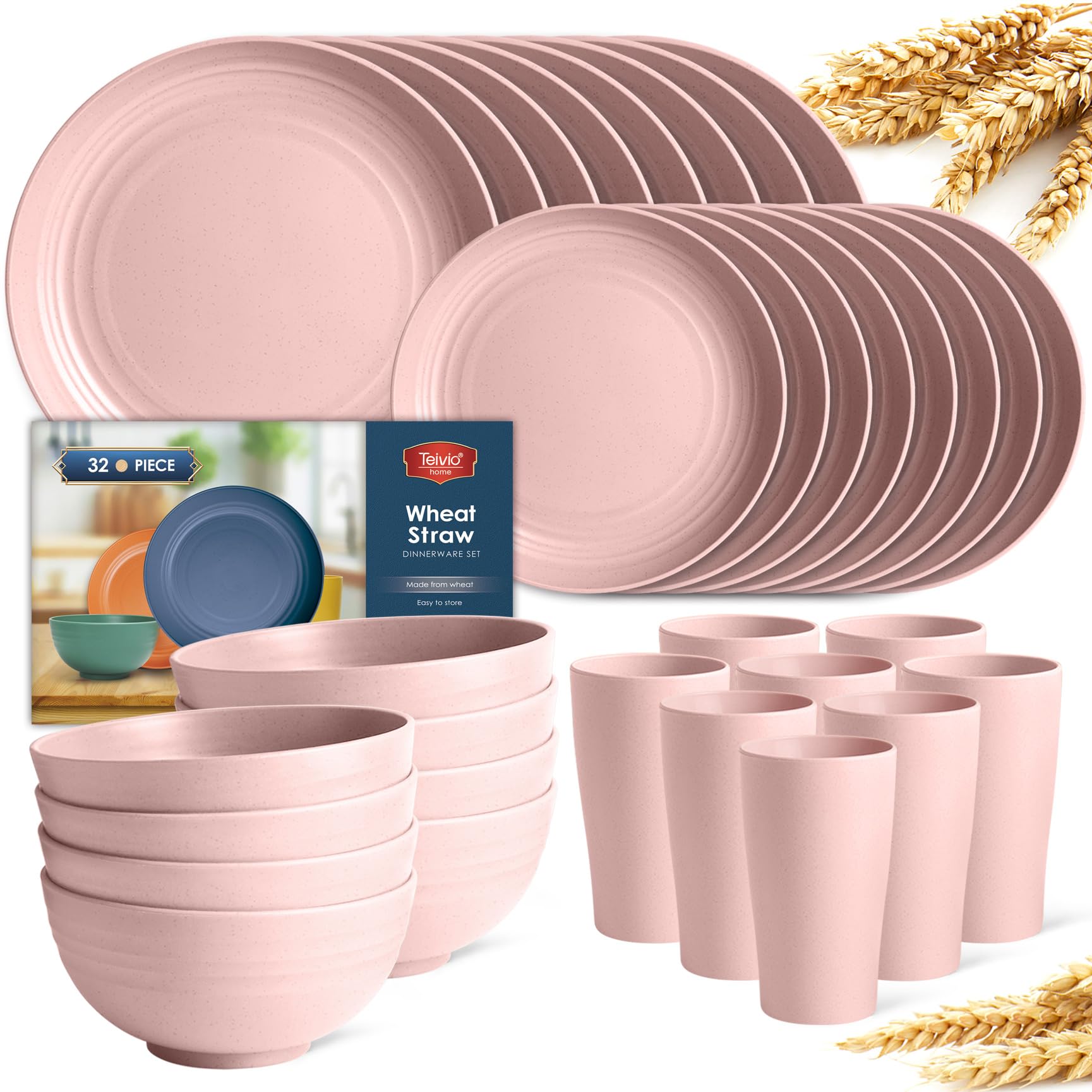 Photo 1 of Teivio 32-Piece Kitchen Plastic Wheat Straw Dinnerware Set, Service for 8, Dinner Plates, Dessert Plate, Cereal Bowls, Cups, Unbreakable Colorful Plastic Outdoor Camping Dishes, Pink