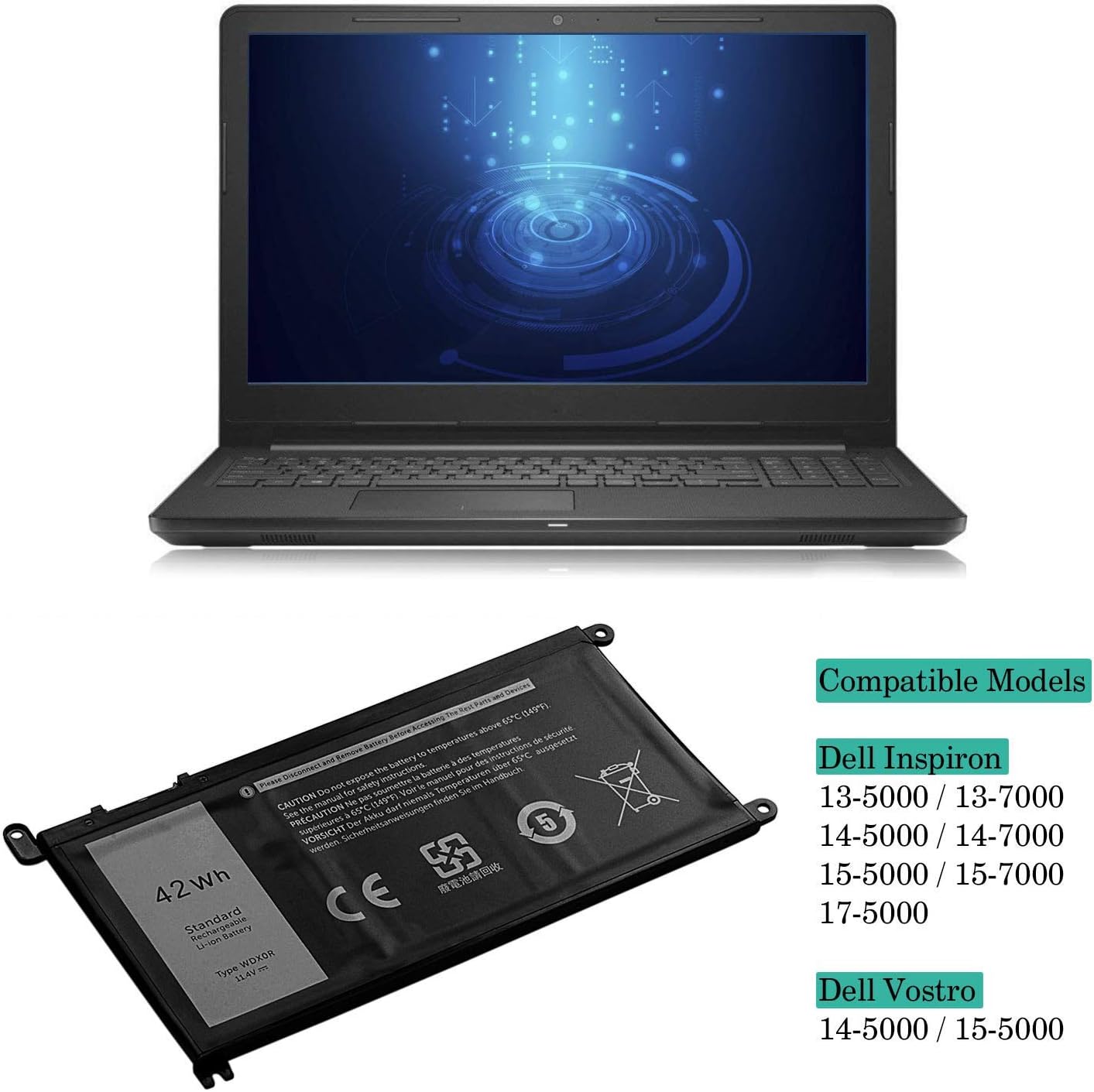 Wdx0r Laptop Battery For Dell Inspiron 13 5368 5378 5379 7368 7378 Inspiron 14 7460 Inspiron 15 5565 5567 5568 5578 7560 7570 7579 7569 P58f Inspiron 17 5765 5767 Fc92n 3crh3 T2jx4 Cymgm 42wh 11 4v Batteries Accessories