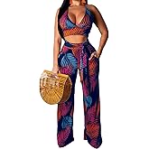 Elegant Two Piece Sets for Women Sexy Printing Halter Bandage Top Long Straight Pants Vacation Outfits Beach
