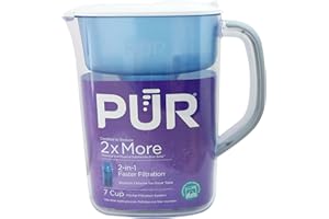PUR 7-Cup Water Filter Pitcher, Cleaner, Great-Tasting Water, Dishwasher Safe, Powerful, Faster Filtration, LockFit Cap Design - White