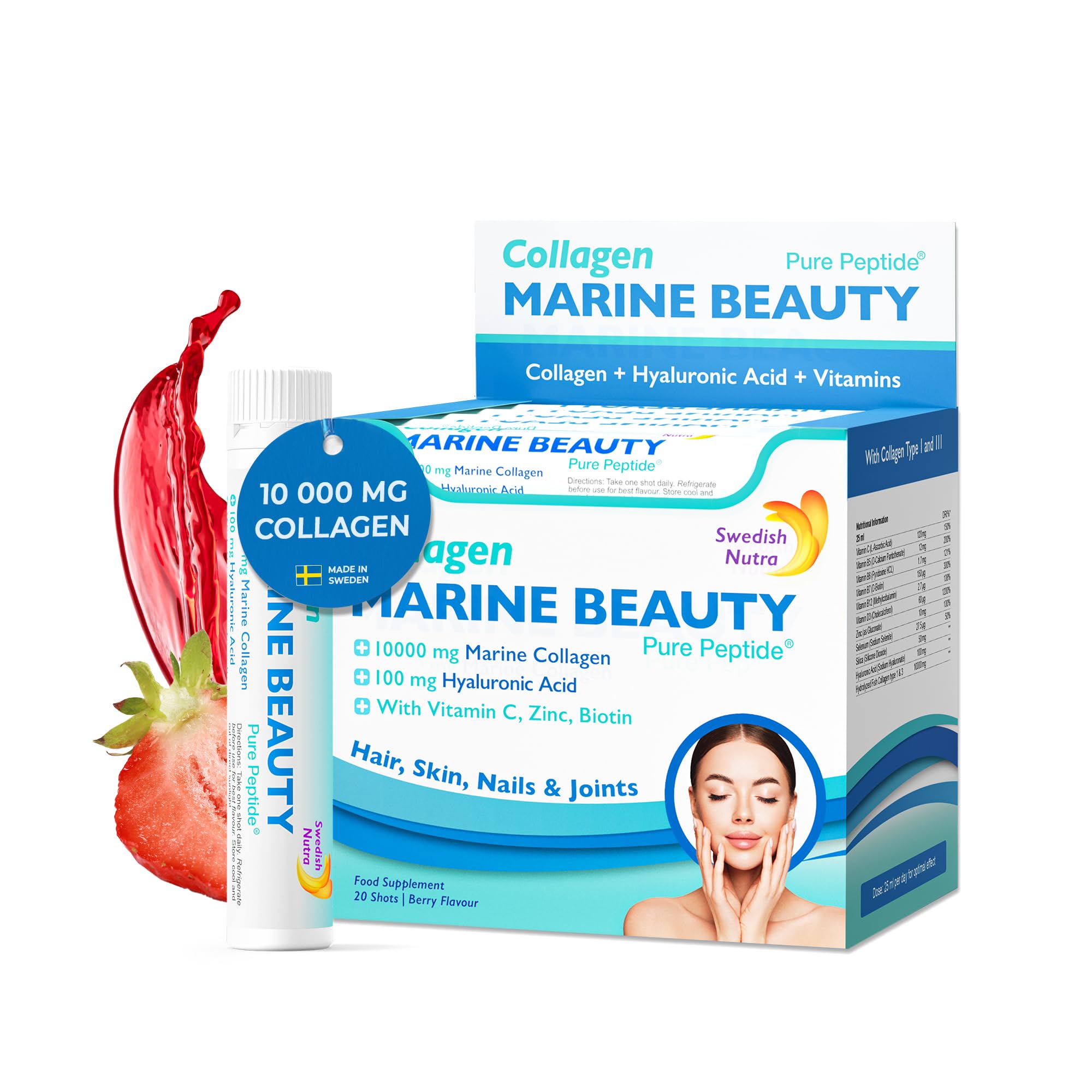 Swedish Nutra - Marine Beauty Collagen Shots (20 Shots) | Collagen Type 1 & 3 for Hair, Skin & Nails | 100% Delicious Natural Flavour | High Absorption
