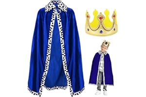 King Cape, 35 inch Kids Cape with Crown, King Costume for Halloween, Cosplay, Party, Birthday, Blue, Kids
