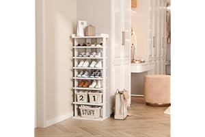 HOMEFORT 7-Tier Wood Shoe Rack, Double Rows 7-Tier Shoe Shelf, Shoe Storage Stand, Entryway Shoe Tower, Vertical Shoe Organizer Perfect for Narrow Closet, Entryway, Hallway, Bedroom in White