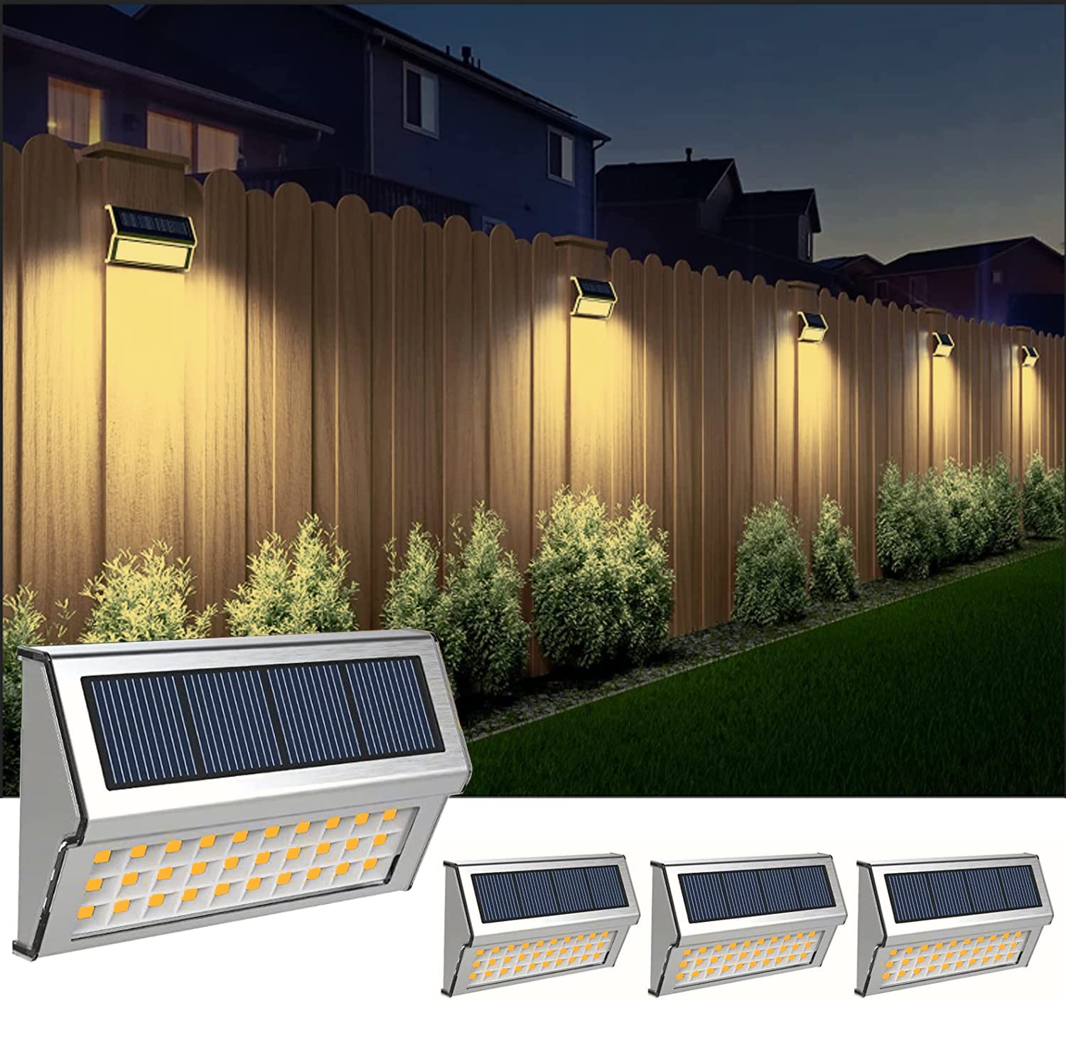 GVOREE Solar Fence Lights,Stainless Steel Decorative Lights LED Garden Lights,Waterproof Step Lights Wireless Outdoor Lights for Stair,Wall,Patio,Yard,Path,Fence,4Pack (30 LED Warm White)