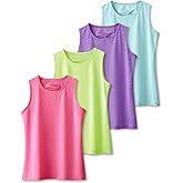 Girls 4 Pack Athletic Tank Tops, Pleated Mesh Back- Dry Fit Active Performance Shirts for Dance, Gymnastics, & Everyday Wear