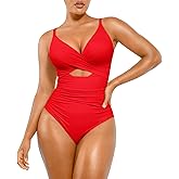SHAPELLX Tummy Control Swimsuits Women One Piece Shapewear Bathing Suit V Neck Ruched Push Up Swimwear Built-in Bra