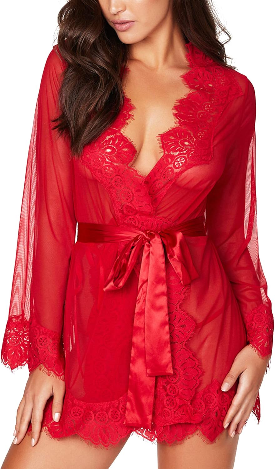 RSLOVE Women's Lace Kimono Robe Sexy Babydoll Lingerie Mesh Nightgown Cover Up at  Women’s Clothing store