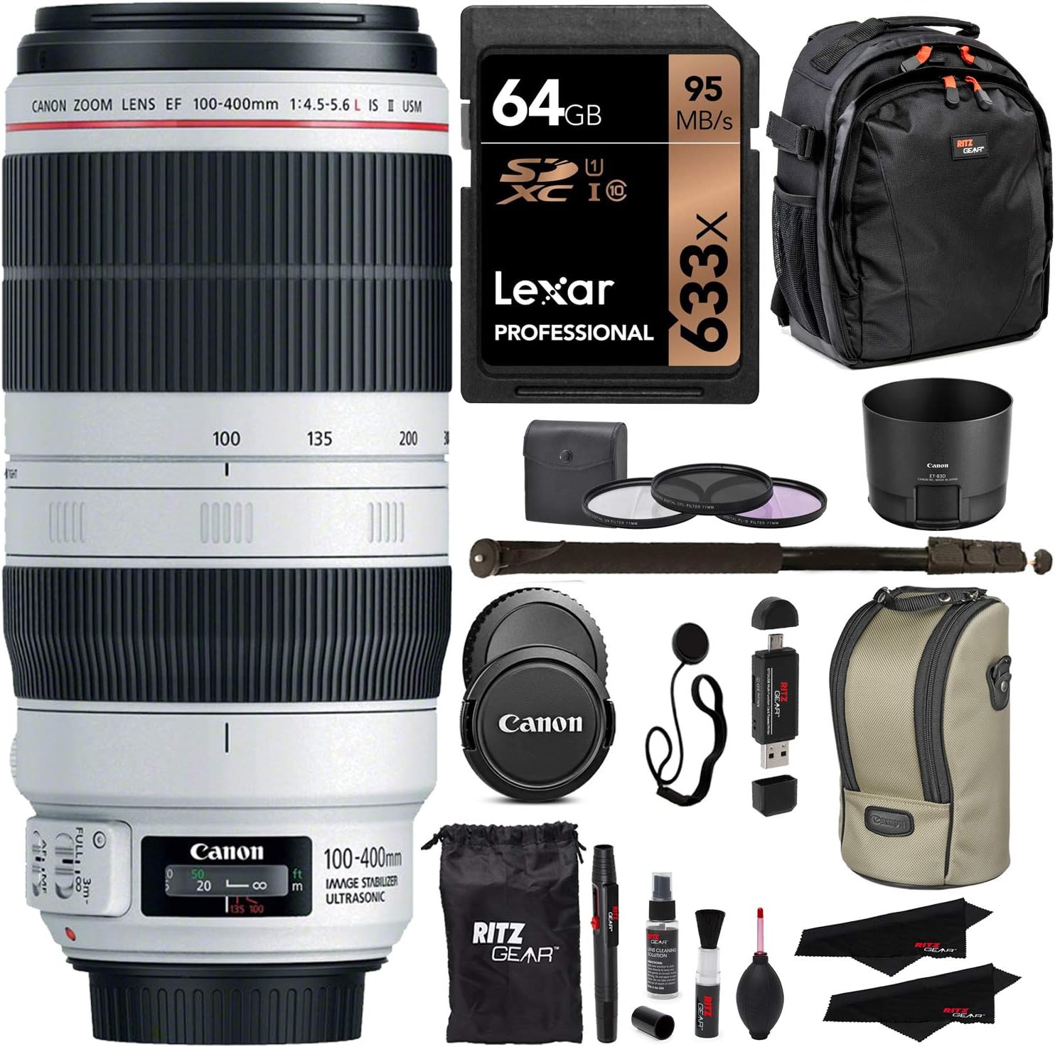 Canon EF 100-400mm f/4.5-5.6L is II USM Lens + Lexar 64GB U3 Memory Card + VidPro USB Reader/Writer + 62" Monopod + 77mm 3 Piece Filter Set Kit + Polaroid Accessory Bundle