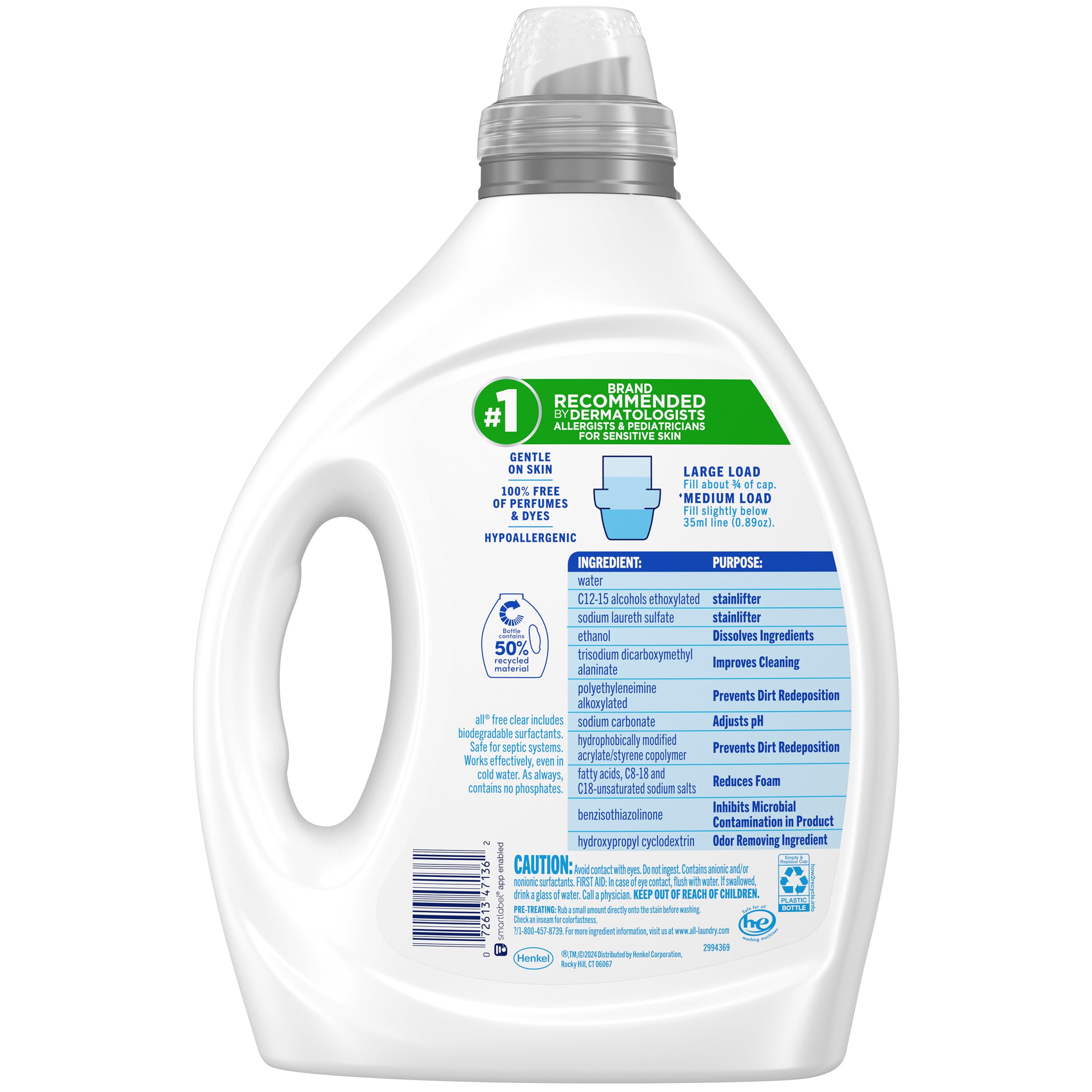 all Laundry Detergent Liquid, Free Clear for Sensitive Skin, Odor Relief, Unscented and Hypoallergenic, 2X Concentrated, 90 Loads