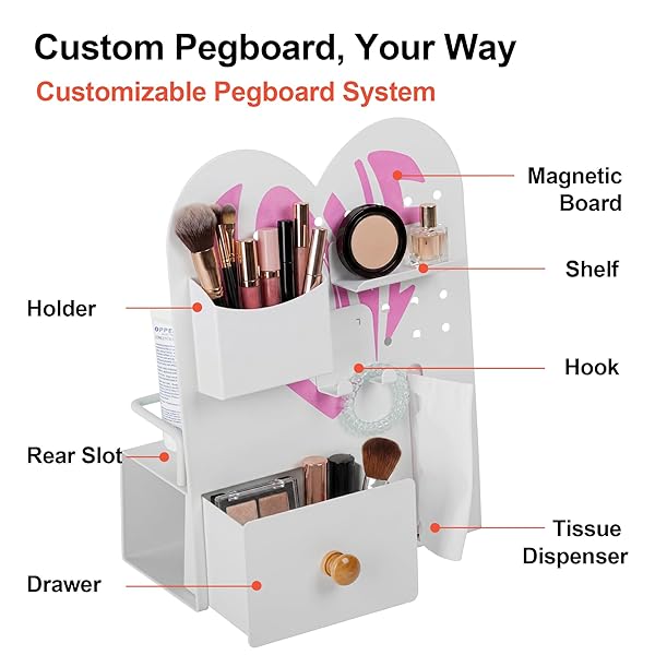 MAGNETIC PEGBOARD ORGANIZER FOR OFFICE DESK, MAKEUP VANITY, STATIONERY STORAGE, GAMING DESKTOP WITH 4 METAL ACCESSORIES DRAWER HOLDER HOOKS MODULAR – HOME DECOR TABLETOP DISPLAY KIDS ROOM – WHITE