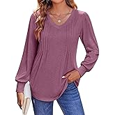 TICTICMISS Women's Pleated V Neck T Shirts Puff Long Sleeve Tops Casual Loose Fit Tunic Blouses