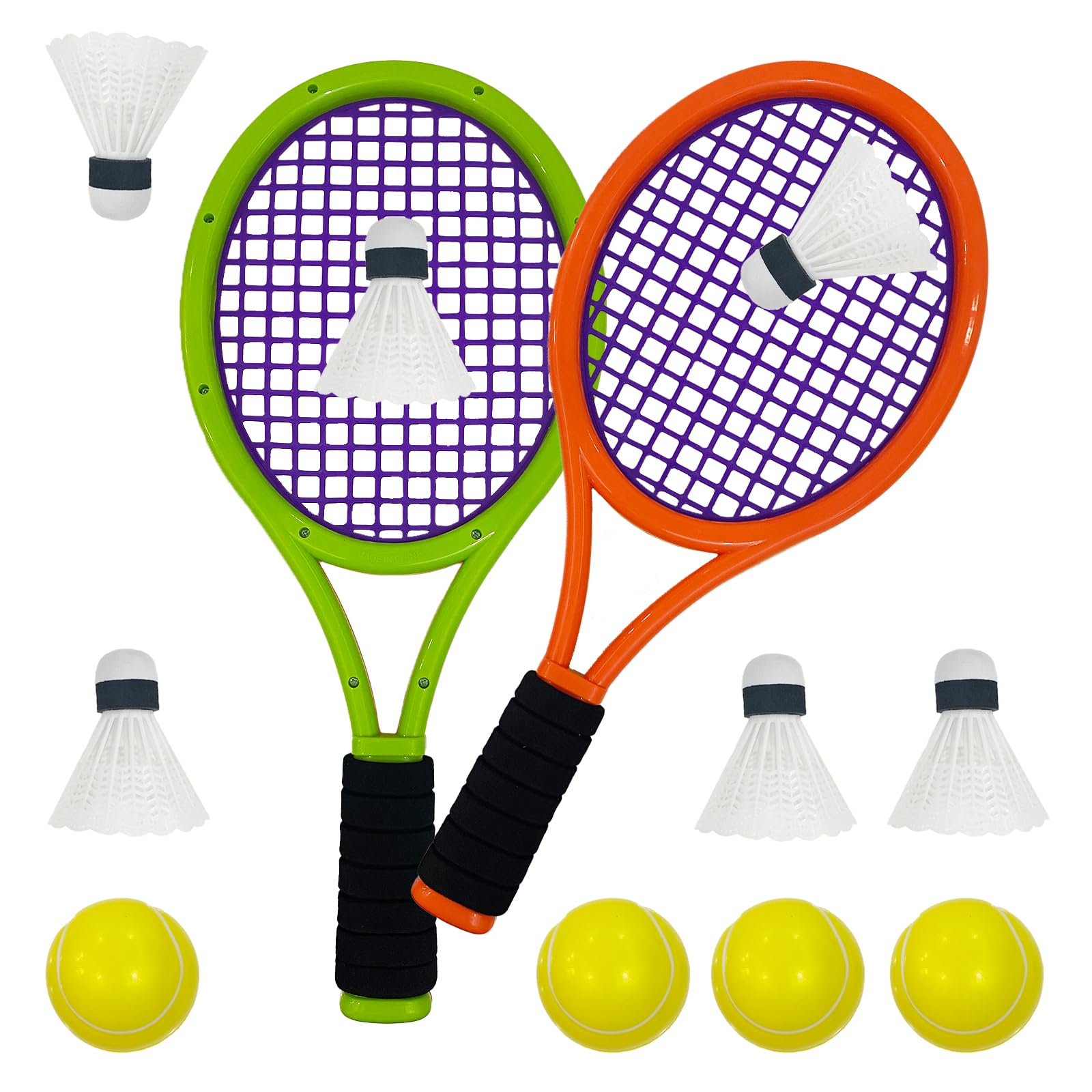 Teenager and Kids Tennis Rackets Set with bag, 2 Plastic dark orange-green Tennis Rackets and 6 Shuttlecocks and 4 Tennis Balls, for Children Indoor Outdoor Sports Games