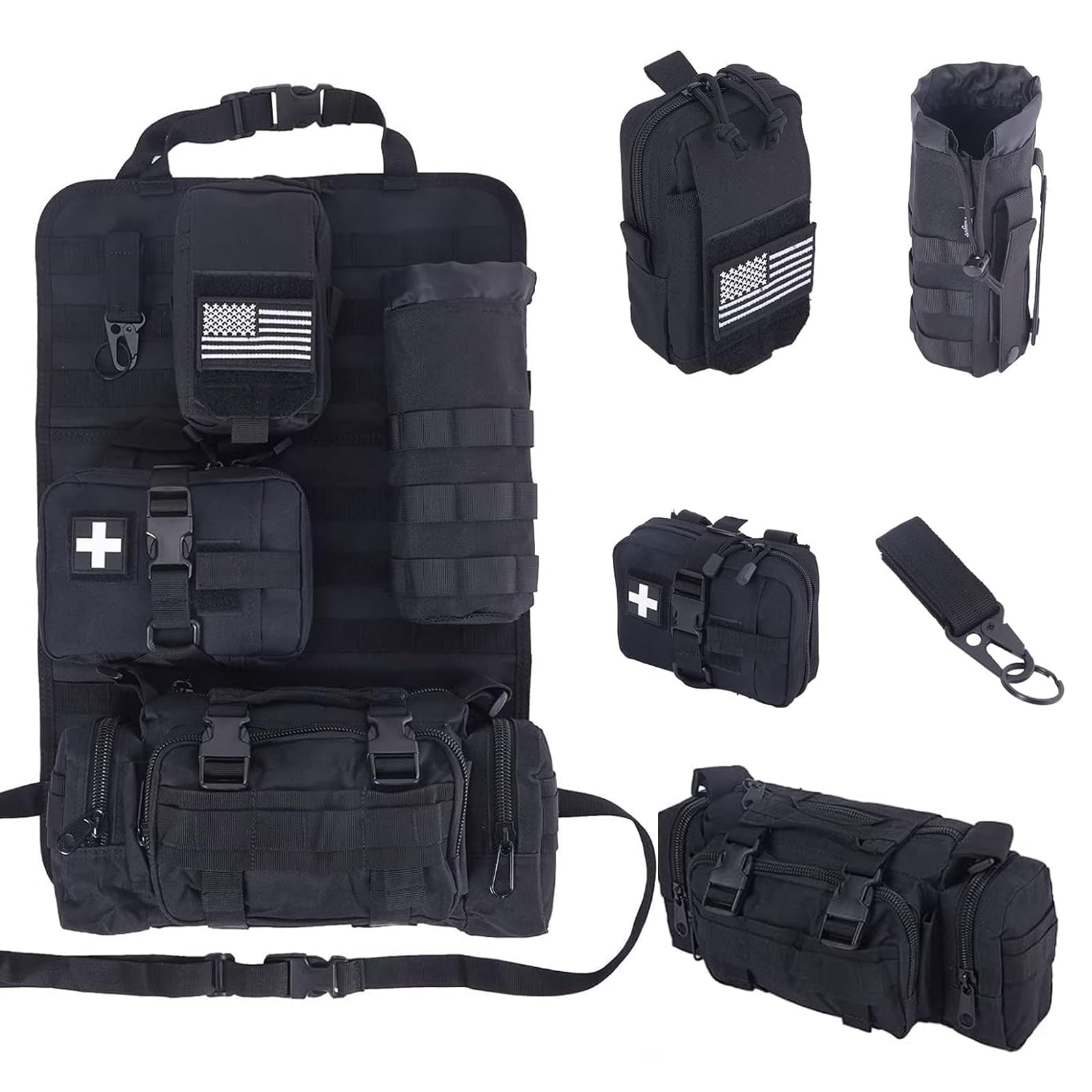 Photo 1 of Universal Tactical Car Seat Back Organizer Bag Tactical Molle Vehicle Organizers Panel Vehicle Protector Organizers with 4 Detachable Pouches for Car Truck Ford Jeep Vehicle (Black)