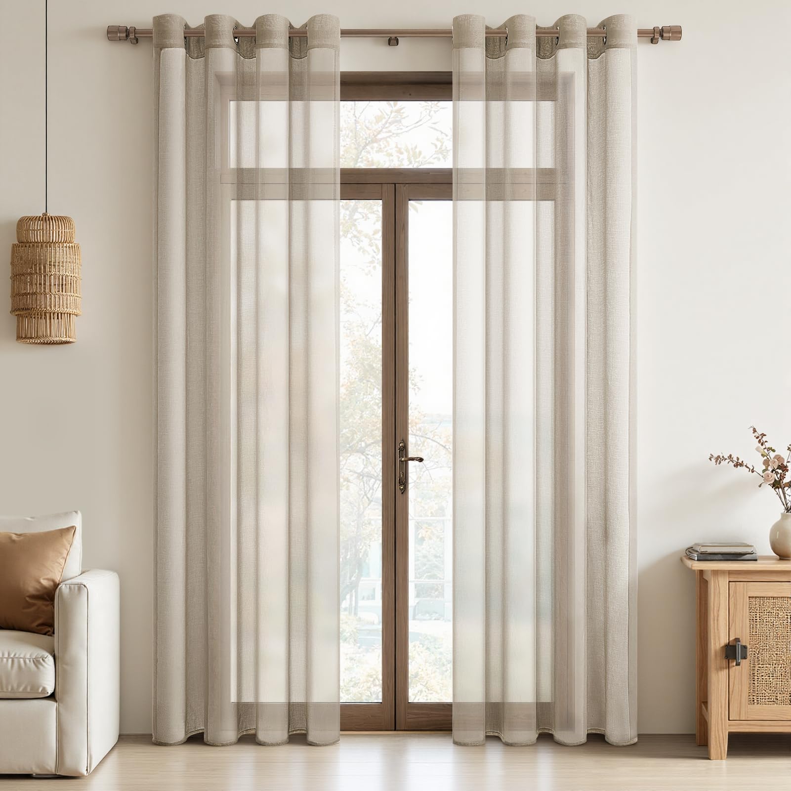 MRTREES Voile Curtains 88 Inch Drop 2 Panels Faux Linen Eyelet Sheer Curtain Panel for Bedroom Living Room Patio Door 55x88 Inch Drop 140cm x 225cm Biscuit
