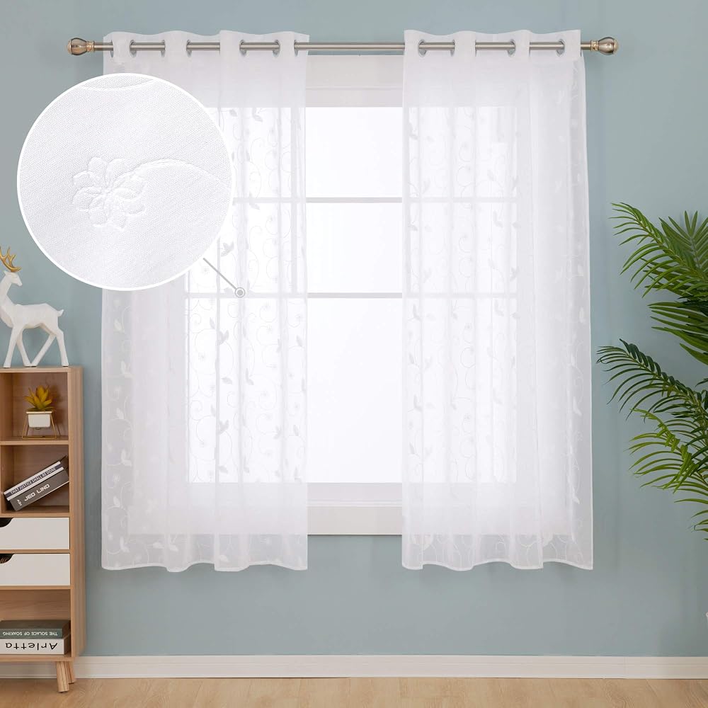 Deconovo Flower Embroidery Net Curtains 2 Panels Beige 55x54 Inch