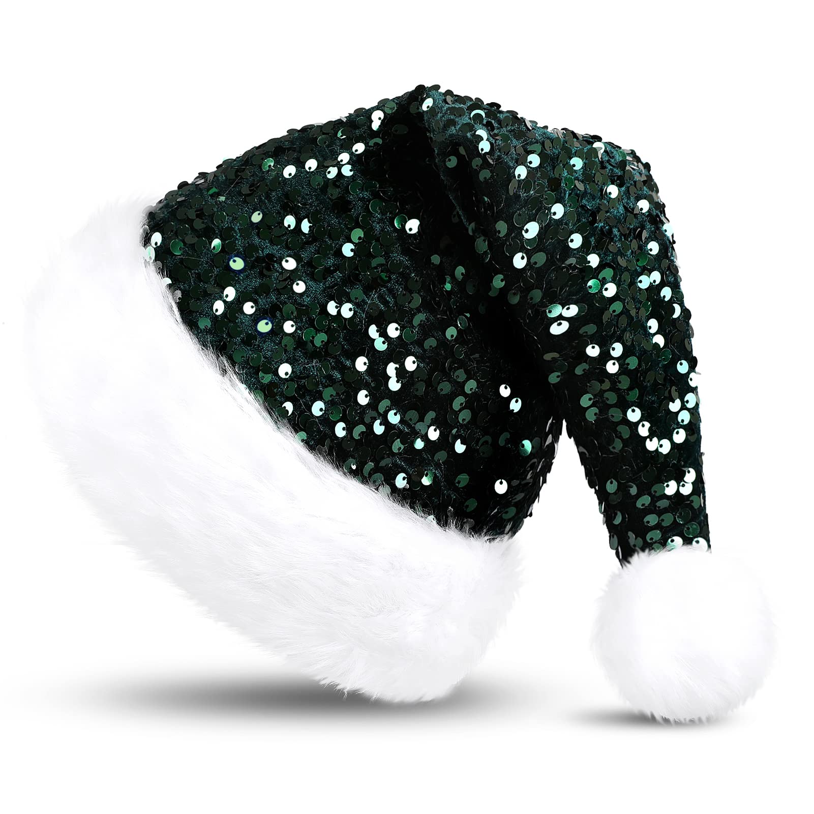 KONVINIT Green Santa hat Sequin Christmas Hat for Adult Luxury Plush Xmas Hat with a Pompom on top,Christmas Elf Hat,green